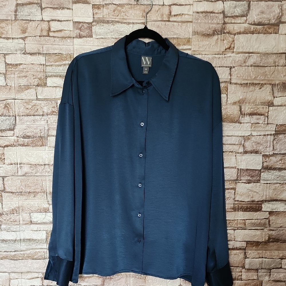 Worthington Teal Satin Button-Down Blouse
